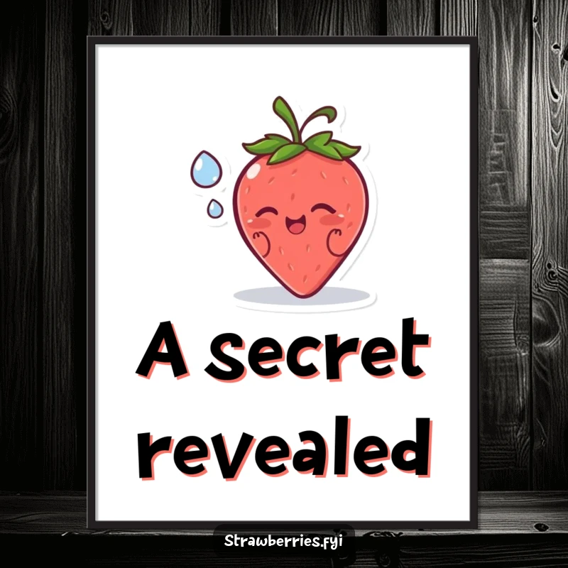 Funny digital art print of a happy strawberry character sharing a secret with a dewdrop, offering gentle humor.