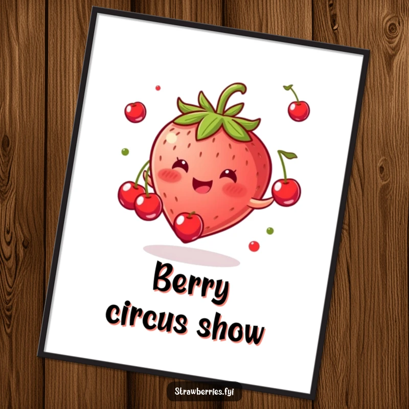 Funny digital art print of a gleeful strawberry artistically juggling tiny cherries, bringing playful energy to any room.