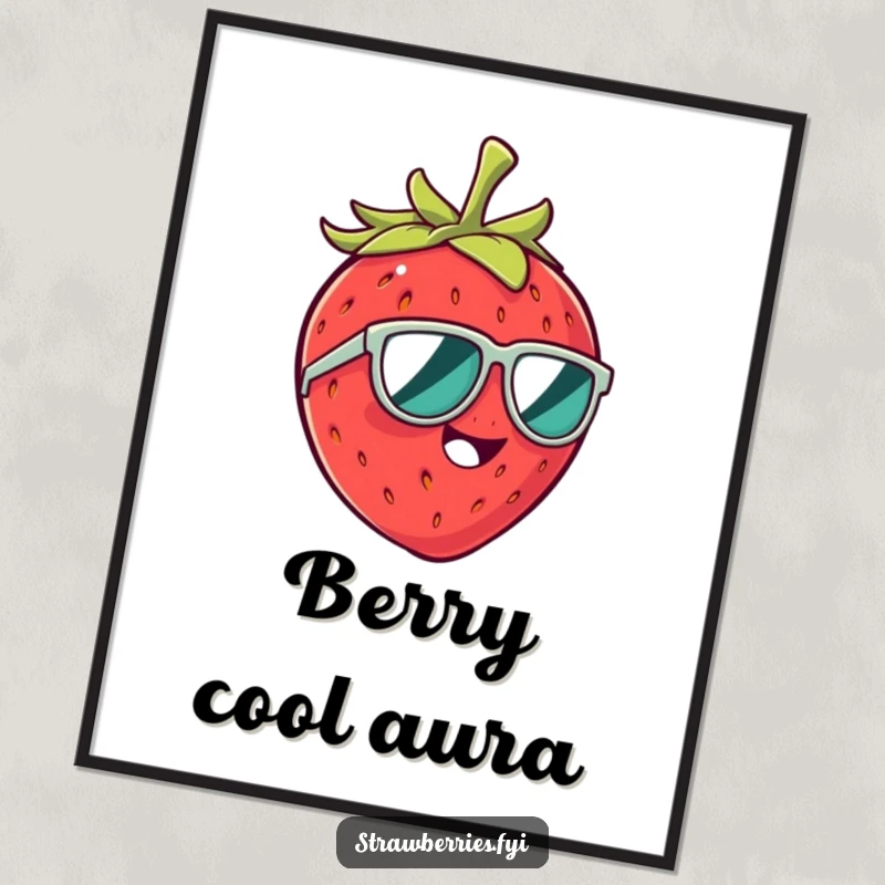 Funny digital art print of a giggling strawberry character in tiny sunglasses, delivering immediate humor and visual delight.