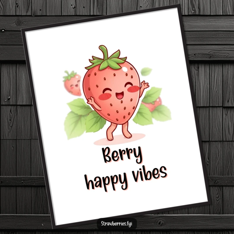 Funny digital art print of a blushing strawberry character dancing with its leaves, for fruity decor.