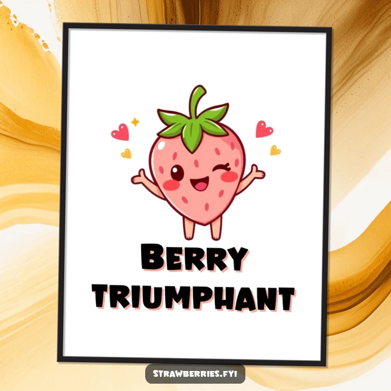 Funny digital art print of a strawberry character in a celebratory pose with a wink, symbolizing fun and achievement.