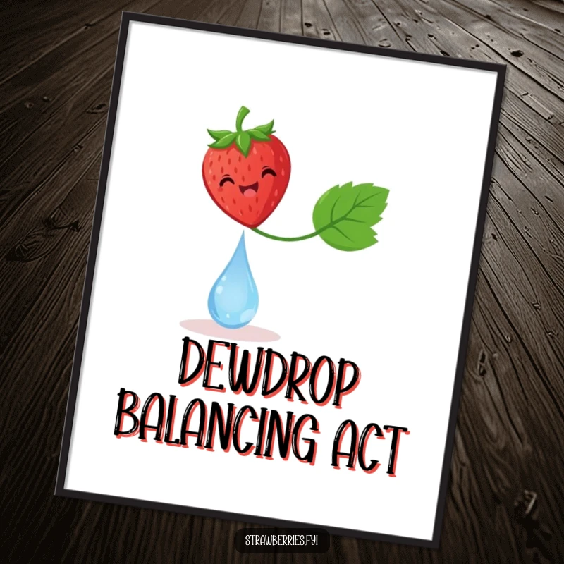 Funny digital art print of a delighted strawberry balancing on a dewdrop, adding a touch of delicate charm.