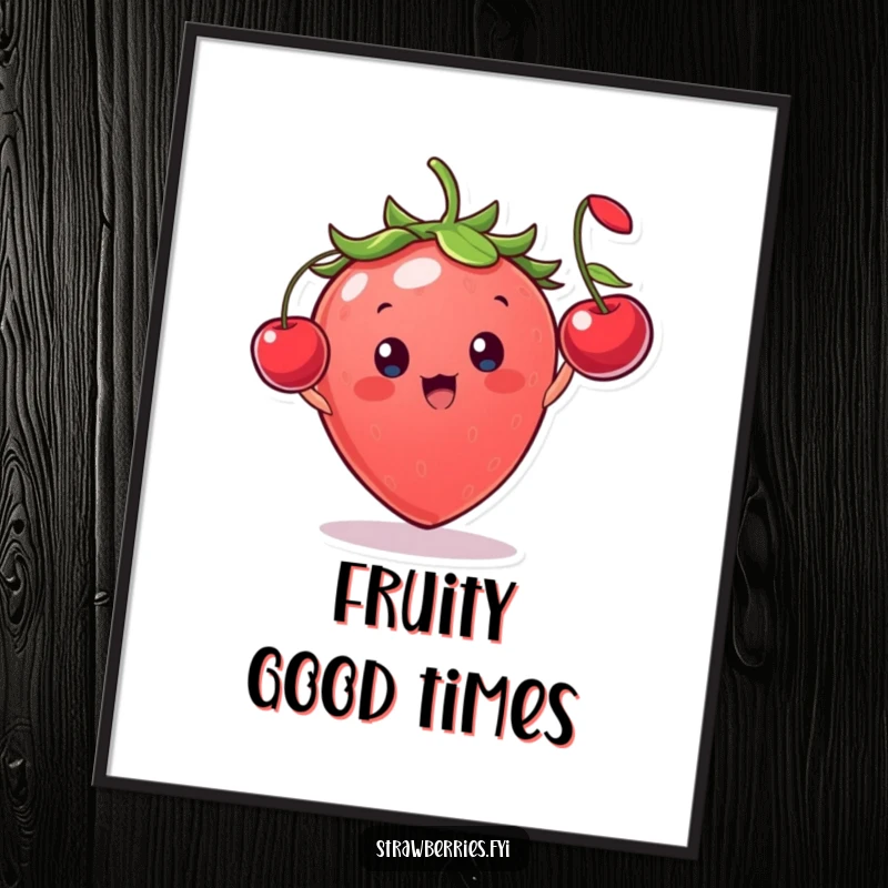 Funny strawberry character with pure glee, tossing a miniature cherry, printable art with a joyful and fruity theme.