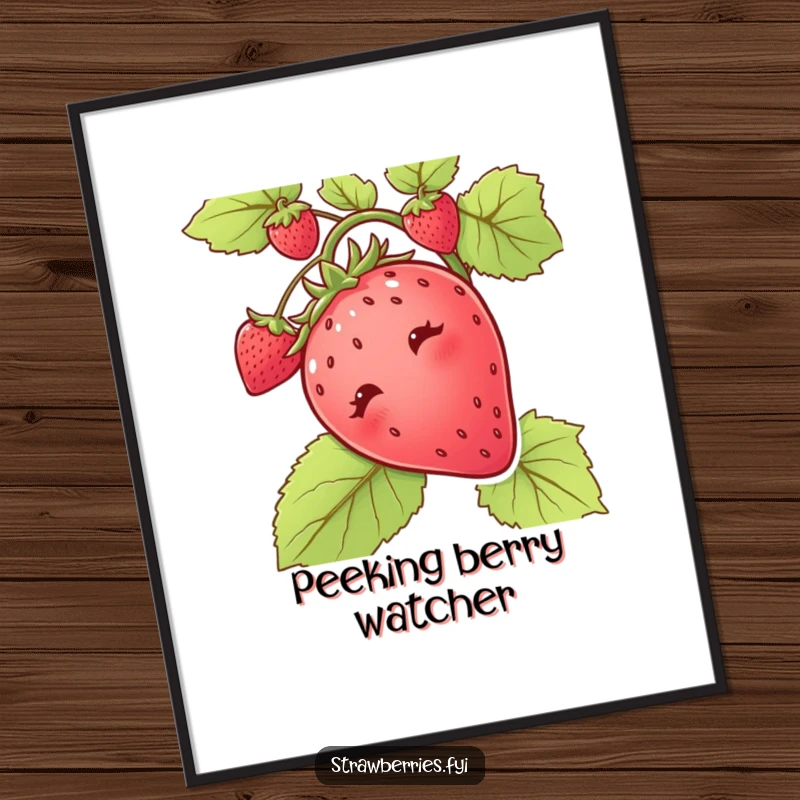 Funny digital art print of a curious strawberry peeking out from a vine, adding a touch of playful charm.