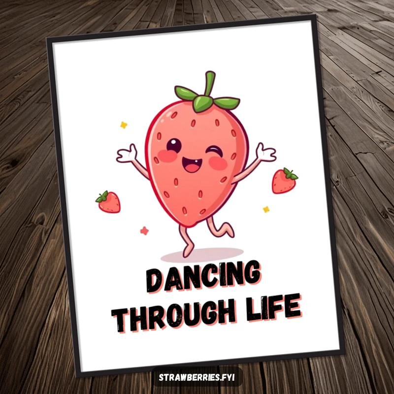 Funny digital art print of an anthropomorphic strawberry dancing expressively, capturing pure, unadulterated joy.