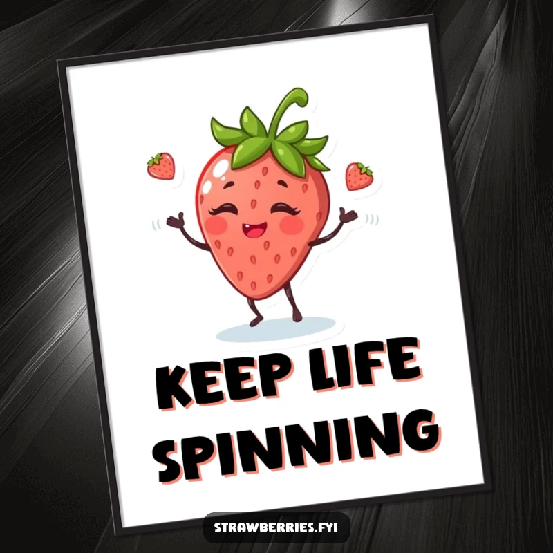 Funny digital art print of an anthropomorphic strawberry giggling while juggling leaves, ideal for playful decor.