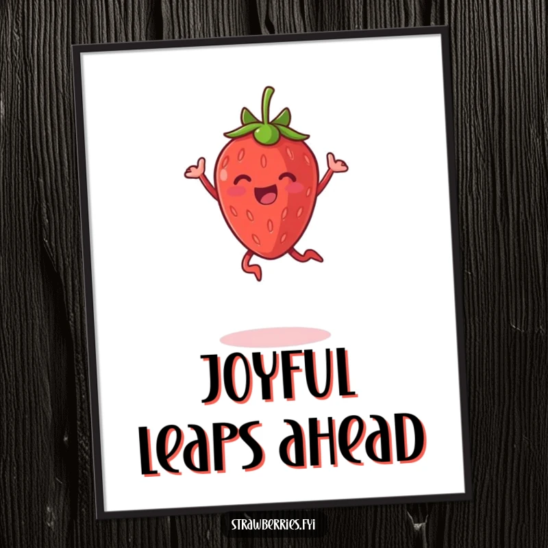 Funny digital art print of an anthropomorphic strawberry performing an enthusiastic jump for joy, ideal for decor.