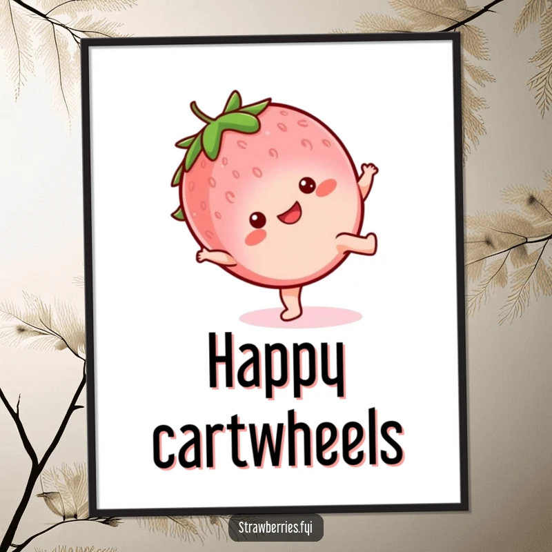 Funny Digital Art Print: High-quality image of a kawaii strawberry character in a joyful cartwheel, radiating happiness.