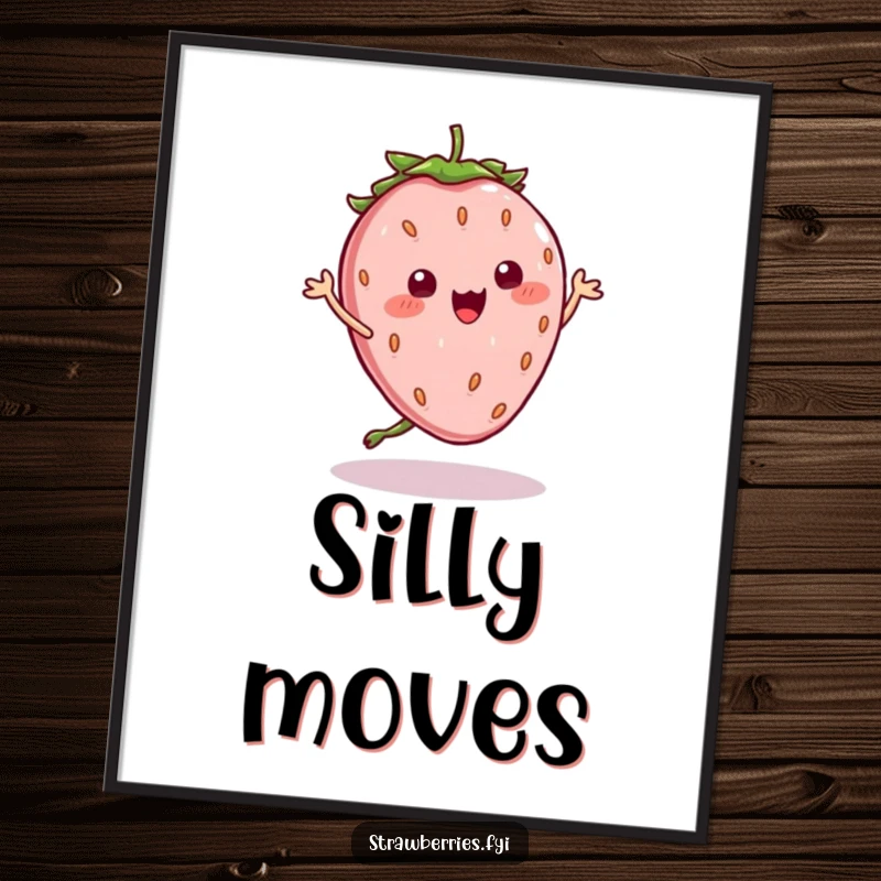 Funny Digital Art Print: A high-quality image of a kawaii strawberry character doing a silly dance, seeds wobbling humorously.