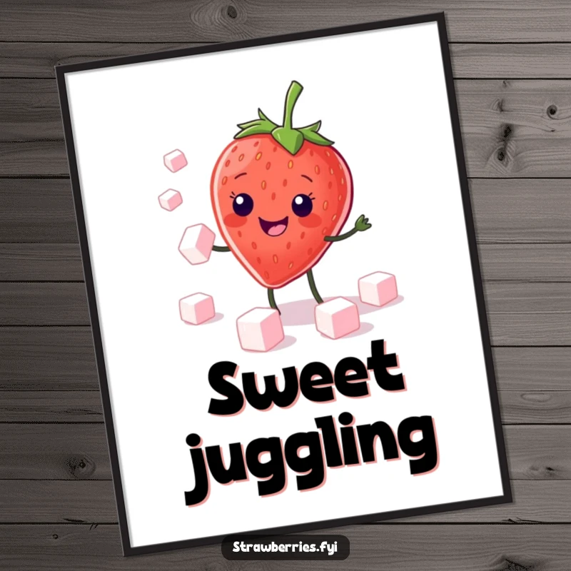 Funny Digital Art Print: High-quality image of a kawaii strawberry character with a wide grin, expertly juggling sugar cubes.