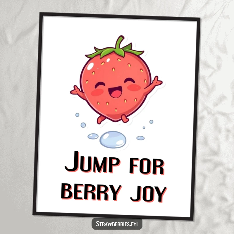 Funny digital art print of a joyous kawaii strawberry character leaping playfully over a dewdrop, ideal for instant cute decor.