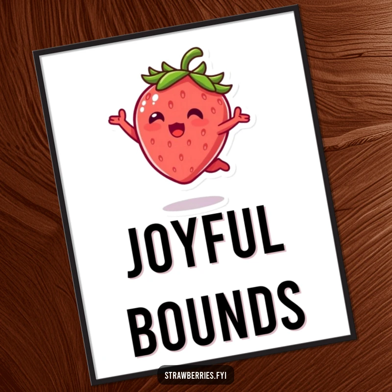 Funny Digital Art Print: A high-resolution image of a kawaii strawberry character performing an ecstatic leap, full of energy.