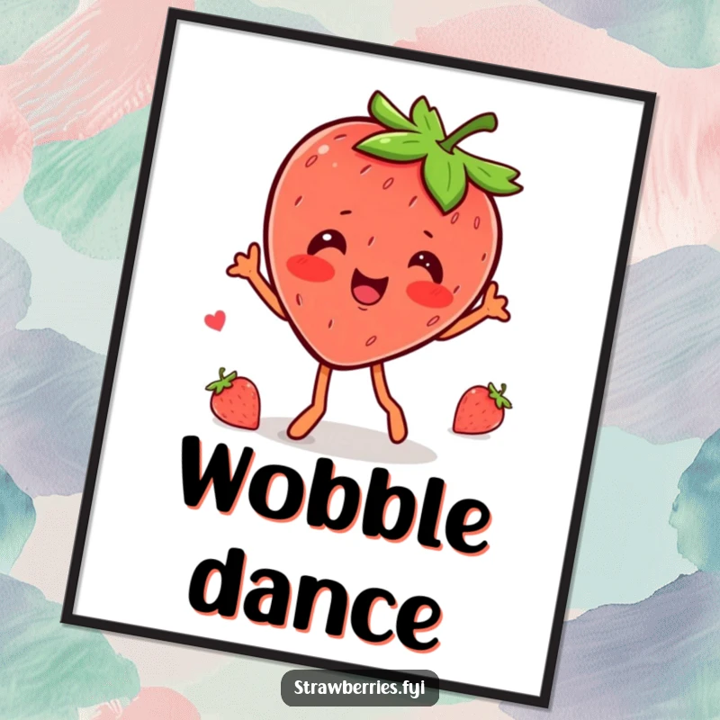 Funny kawaii strawberry character captured mid-wobble dance, radiating happiness on this artistic print.
