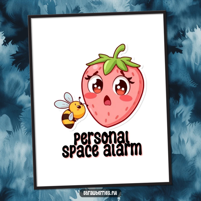 Funny strawberry character recoiling from a bee, digital art print, instant download for humorous decor.