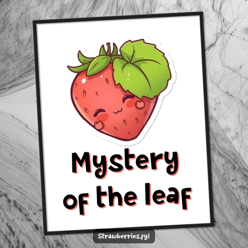 Funny digital art print of a strawberry character playfully peeking from behind a leaf, delivering adorable humor and charm.
