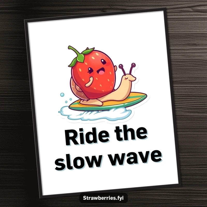Funny digital art print of a strawberry character surfing on a snail like a surfboard, radiating unique humor and adventurous spirit.