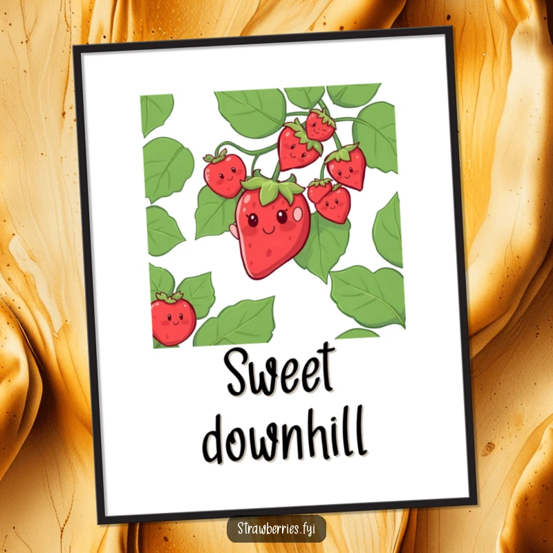 Funny digital art print of a cheerful strawberry character sliding down a giant leafy vine, for adventurous decor.