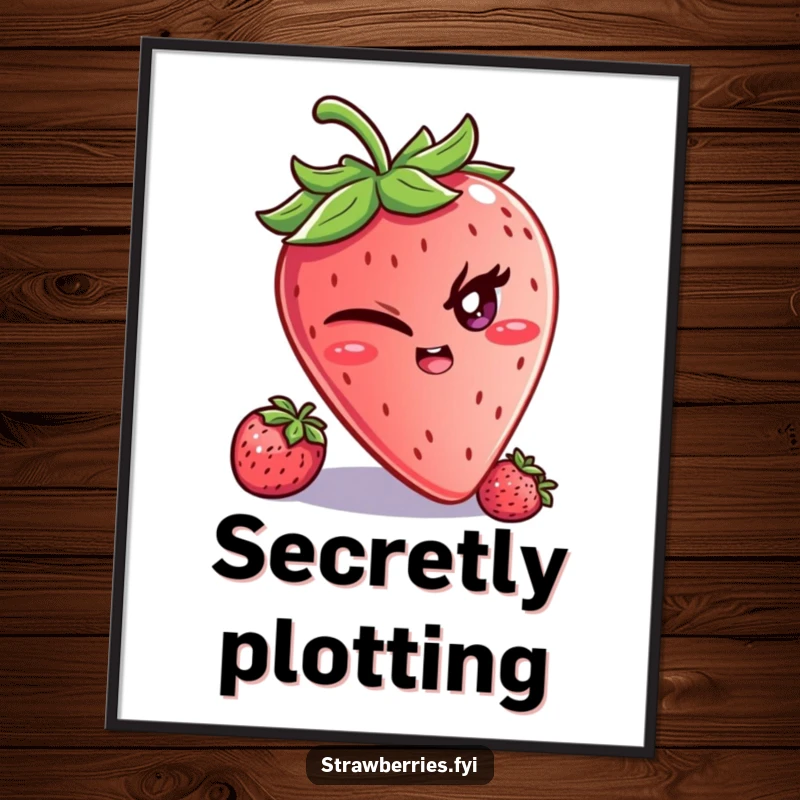 Funny digital art print of a winking strawberry character with a mischievous glint, delivering playful humor and cheeky charm.