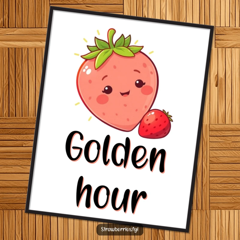 Funny sunny strawberry digital art print of a character basking in a warm ray of light, perfect for humorous and cheerful wall decor.