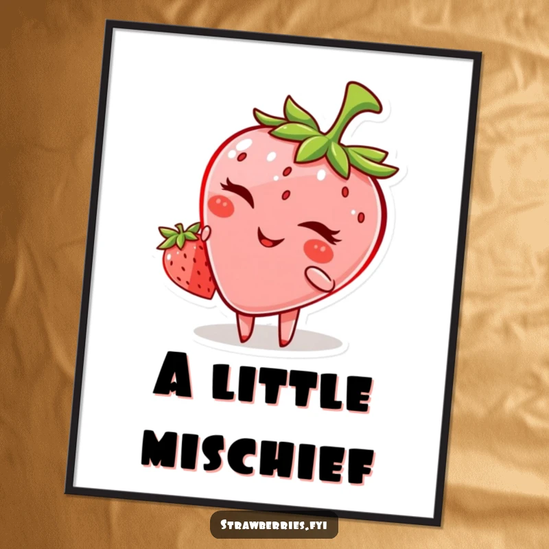Funny digital art print of an anthropomorphic strawberry giving a playful and mischievous wink for wall decor.