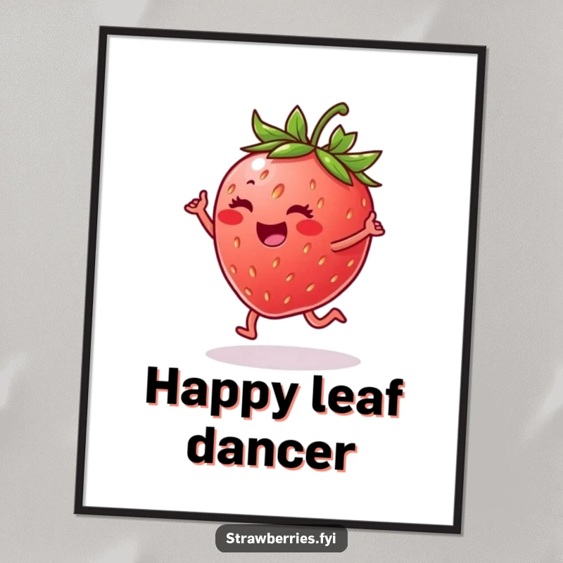 Funny digital art print of a cheerful strawberry joyfully dancing on a leaf, bringing vibrant energy and smiles.