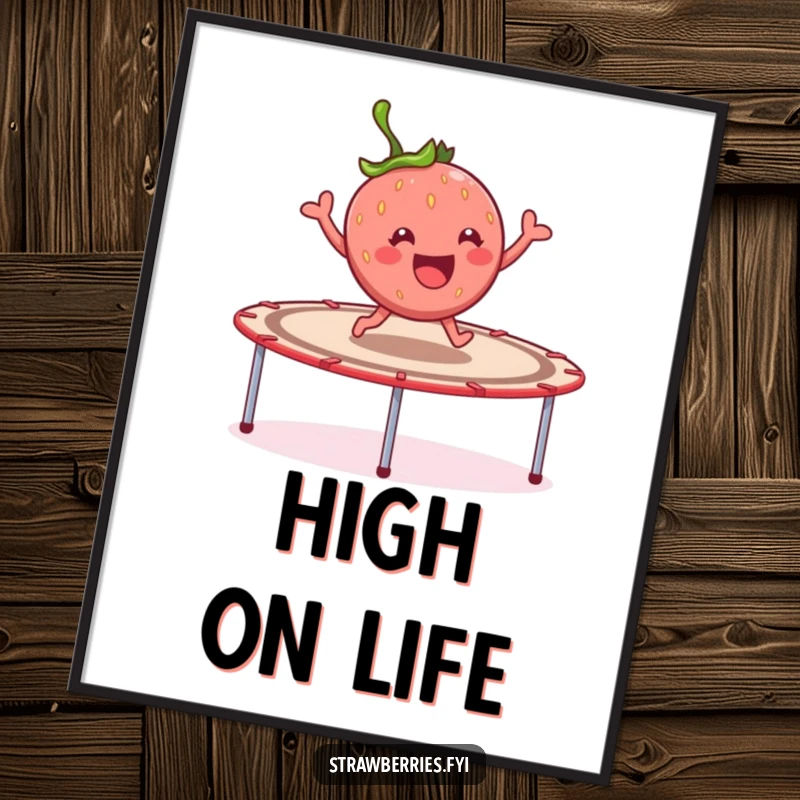 Funny cheerful strawberry character joyfully bouncing on a giant trampoline, printable art with an energetic and fun theme.