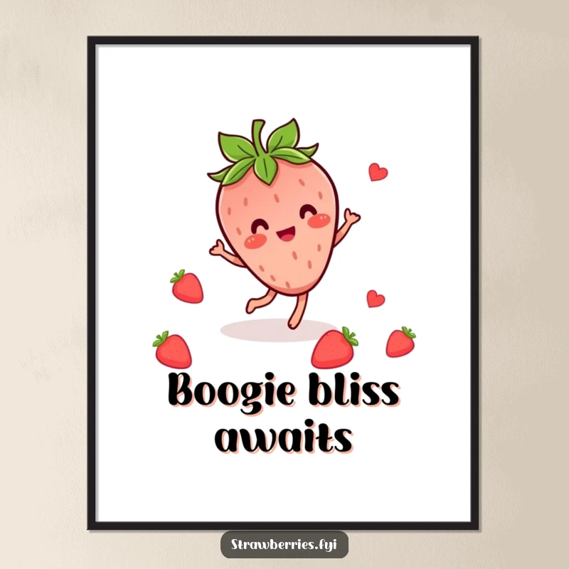 Funny digital art print of a happy Kawaii strawberry character in a lively dance pose, ready for download.