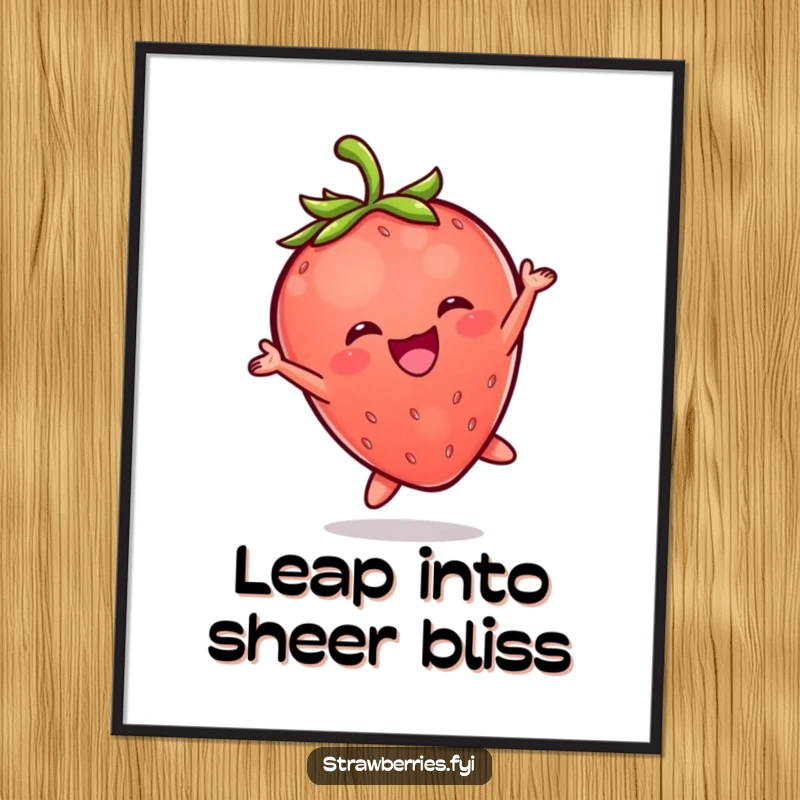Funny digital art print of a jubilant Kawaii strawberry character in a dynamic, uplifting leap, ready for download.