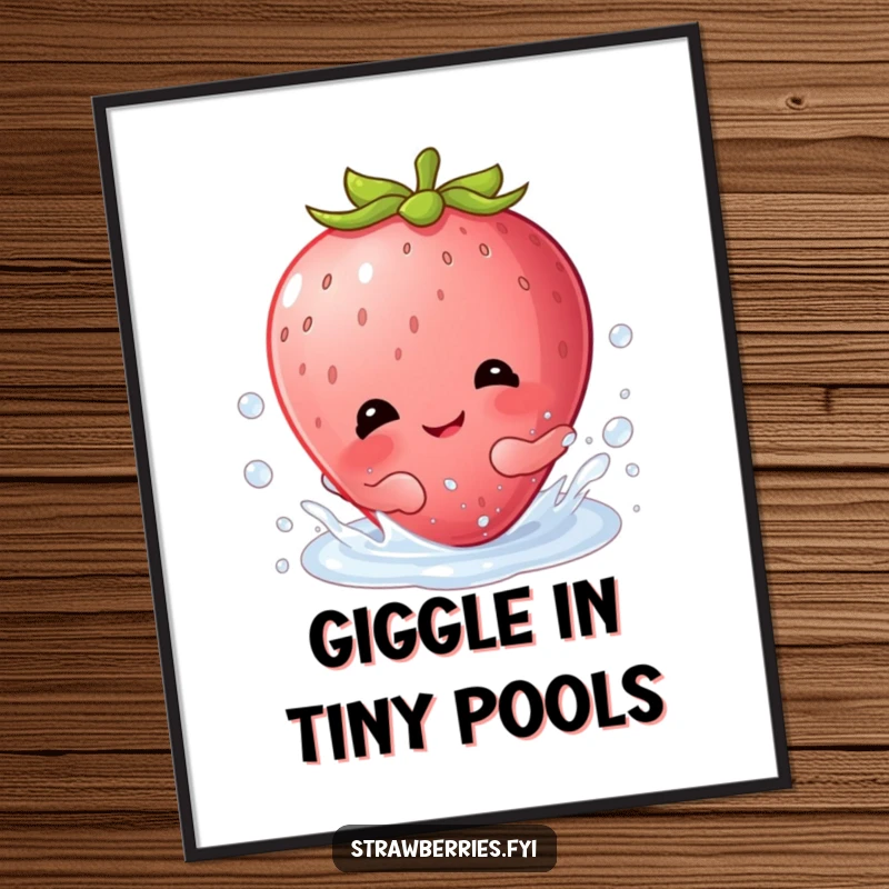 Funny digital art print of a happy Kawaii strawberry character giggling with glee while splashing in a dewdrop.