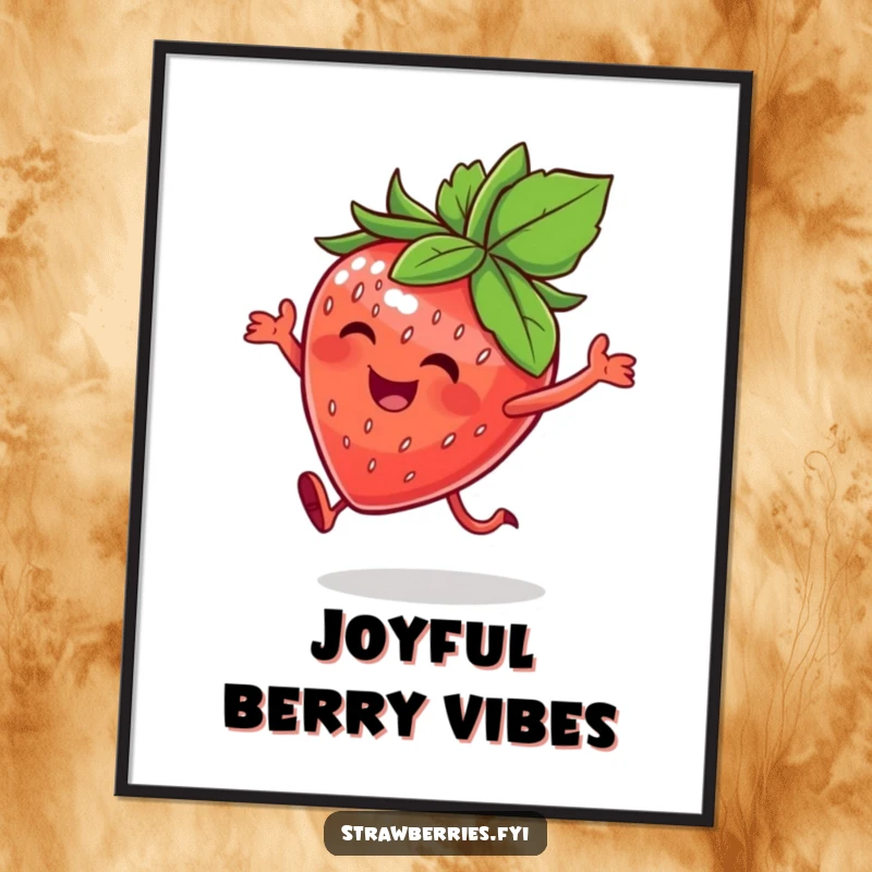 Funny digital art print of a happy strawberry character with a leafy crown, in a joyful hop, perfect for whimsical fruit decor.