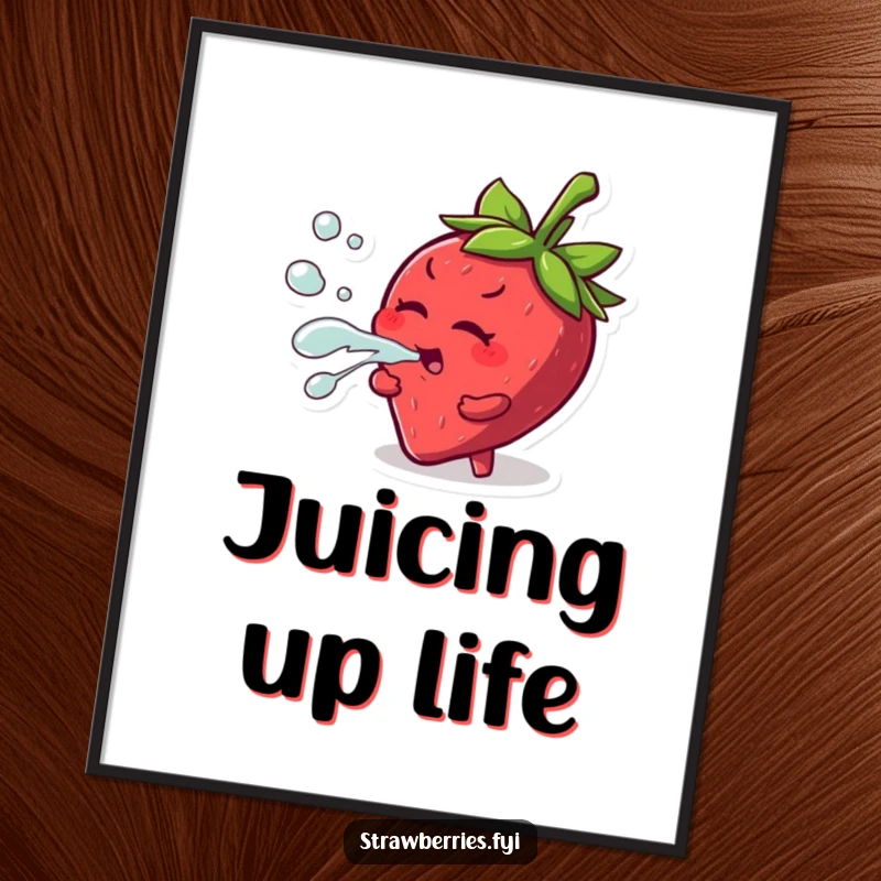 Funny digital art print of a mischievous strawberry character playfully squirting juice, perfect for adding fruity humor.