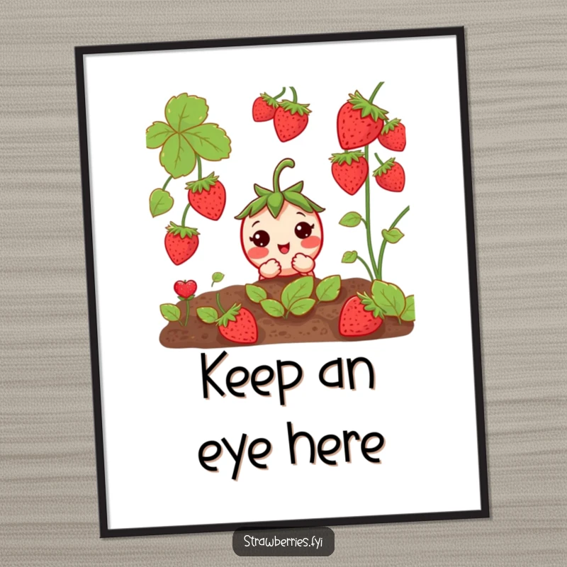 Funny Curious Strawberry Digital Art: A shy strawberry peeking from a garden, perfect for charming decor.