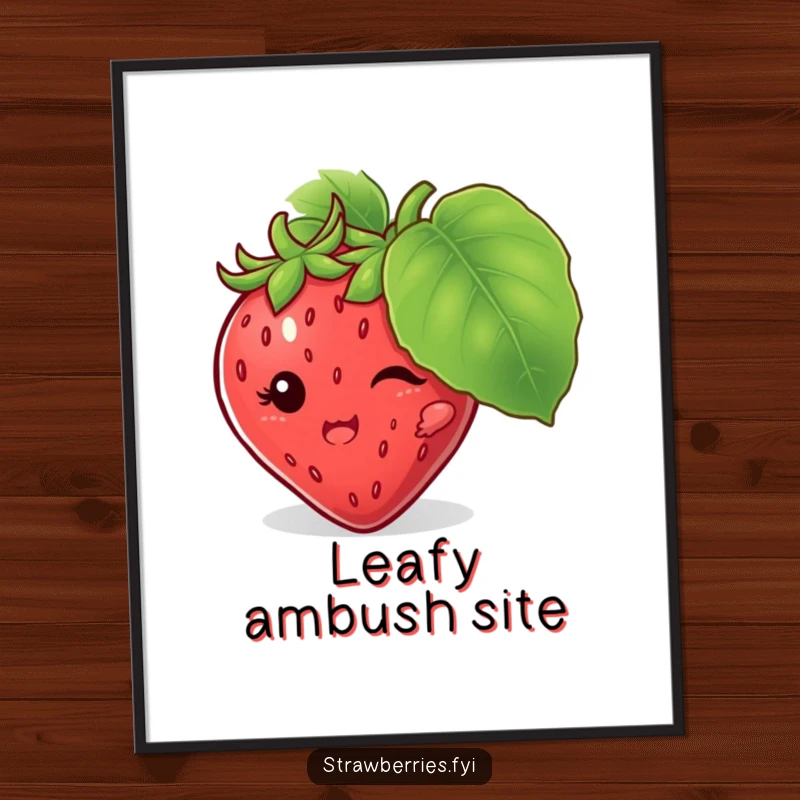 Funny digital art print of a mischievous strawberry character hiding behind a leaf, offering playful humor.