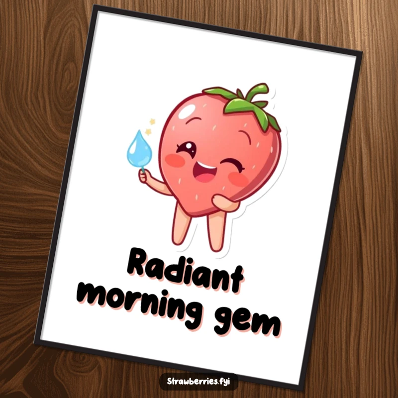 Funny digital art print of a happy strawberry character holding a sparkling dewdrop, delivering refreshing humor and visual delight.
