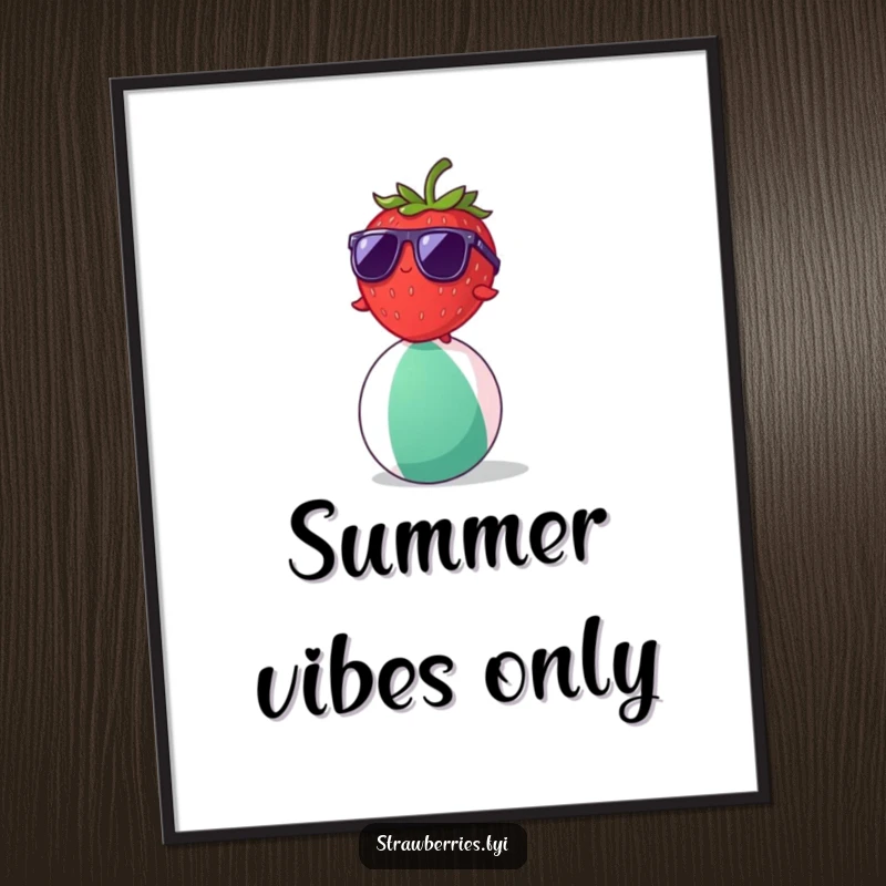 Funny strawberry character wearing sunglasses balancing on a beach ball, high-resolution digital art for humorous decor.