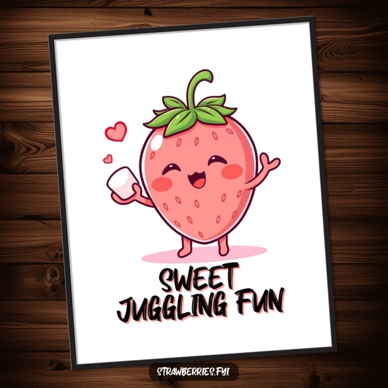 Funny digital art print of a giggling strawberry character skillfully juggling a tiny sugar cube, perfect for sweet and humorous decor.