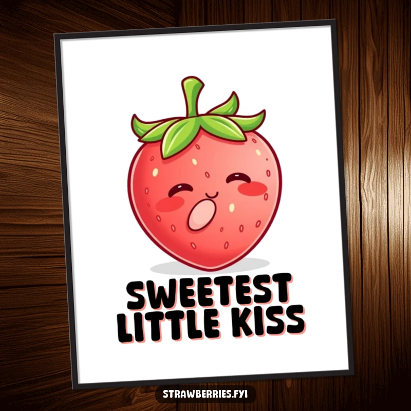 Funny Kawaii Strawberry Digital Art Print showing a happy character giving a tiny, sweet kiss, ideal for instant wall decor.