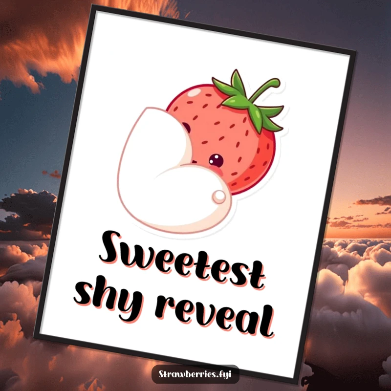 Funny digital art print of a shy strawberry peeking from behind a petal, perfect for adding a gentle and sweet vibe digitally.