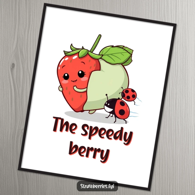 Funny digital art print of a strawberry character racing a ladybug, capturing playful competition with humorous charm.