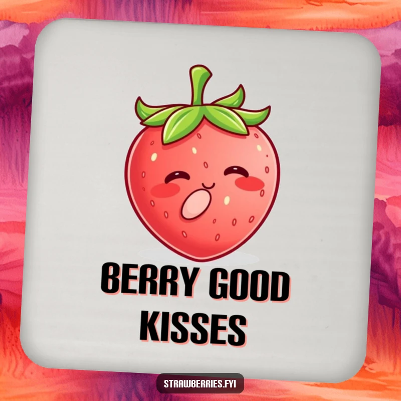 Funny Kawaii Strawberry Coaster featuring a happy character puckering its lips for a tiny, sweet kiss.