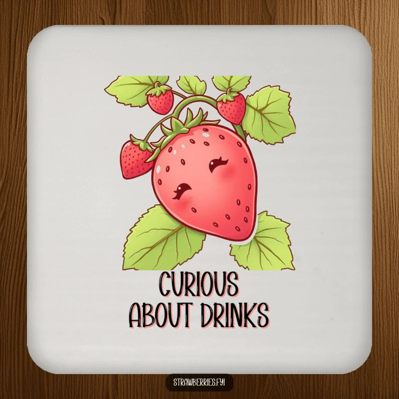 Funny drink coaster featuring a curious strawberry peeking out from a vine, a small dose of delightful fun.