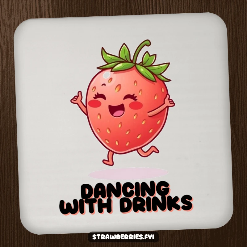 Funny drink coaster with a cheerful strawberry dancing on a leaf, a small but mighty dose of fun.