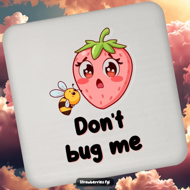 Funny strawberry character looking surprised at a bee, round drink coaster, protects furniture with humor.