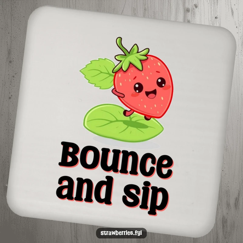 Funny bouncy strawberry coaster with a character joyfully bouncing on a green leaf, protecting surfaces with playful energy and humor.