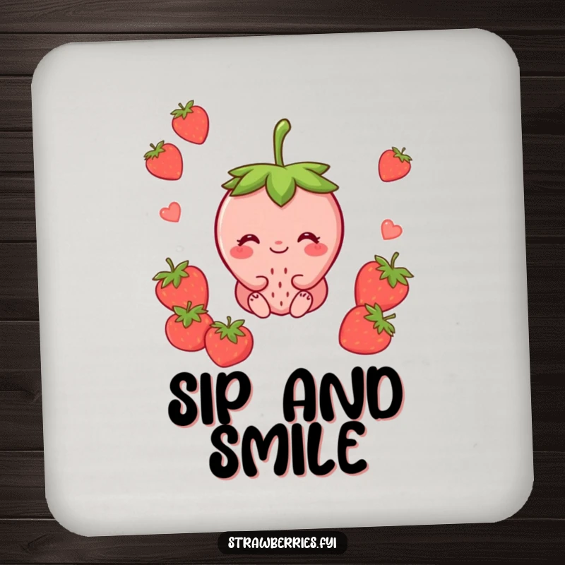 Funny drink coaster featuring a peaceful strawberry character sitting with a contented smile, offering a serene touch to drink protection.
