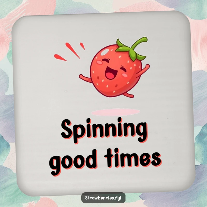 Funny strawberry coasters featuring a giddy fruit character doing a happy cartwheel with a red streak, adding humorous protection.
