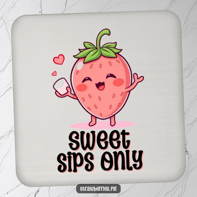 Funny drink coaster featuring a giggling strawberry character juggling a tiny sugar cube, perfect for surface protection with a sweet, humorous design.