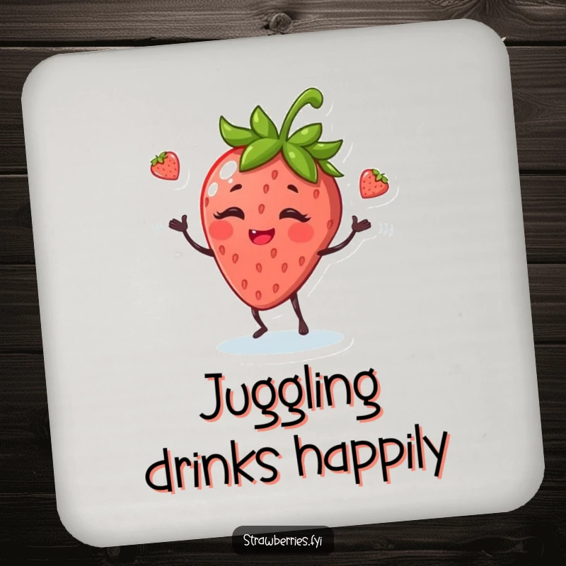 Funny drink coaster featuring a giggling anthropomorphic strawberry juggling leaves, adding playful protection to surfaces.