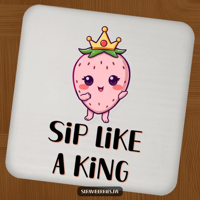 Funny kawaii strawberry character wearing a small crown, posing elegantly on this humorous drink coaster.
