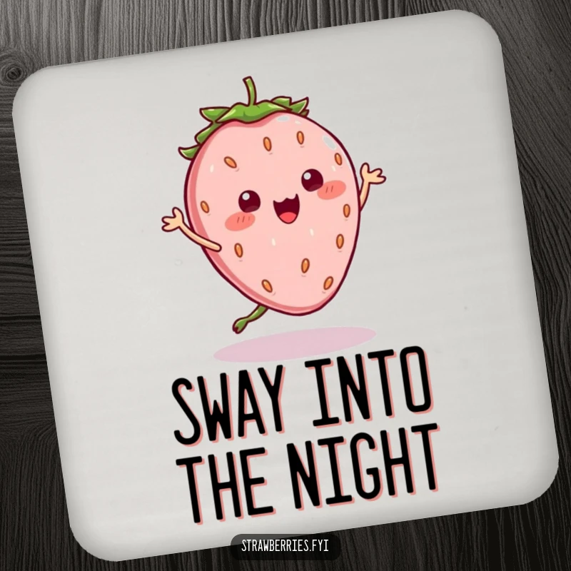 Funny Drink Coaster: A kawaii strawberry character in a silly dance, its wobbly seeds bringing a humorous, dynamic feel.